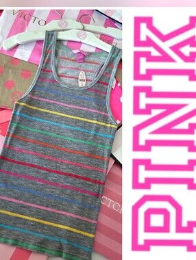 Victoria's Secret PINK VTG Y2K Rainbow Stripe Ribbed Tank Top NWT Multicolor HTF